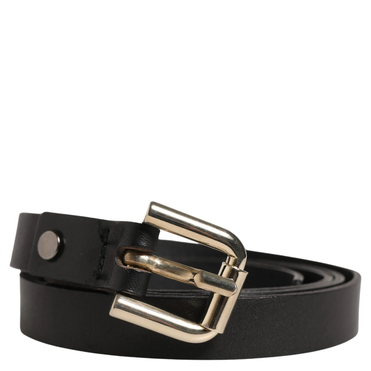 Black Leather Slim Gold Tone Buckle Waist Men Belt