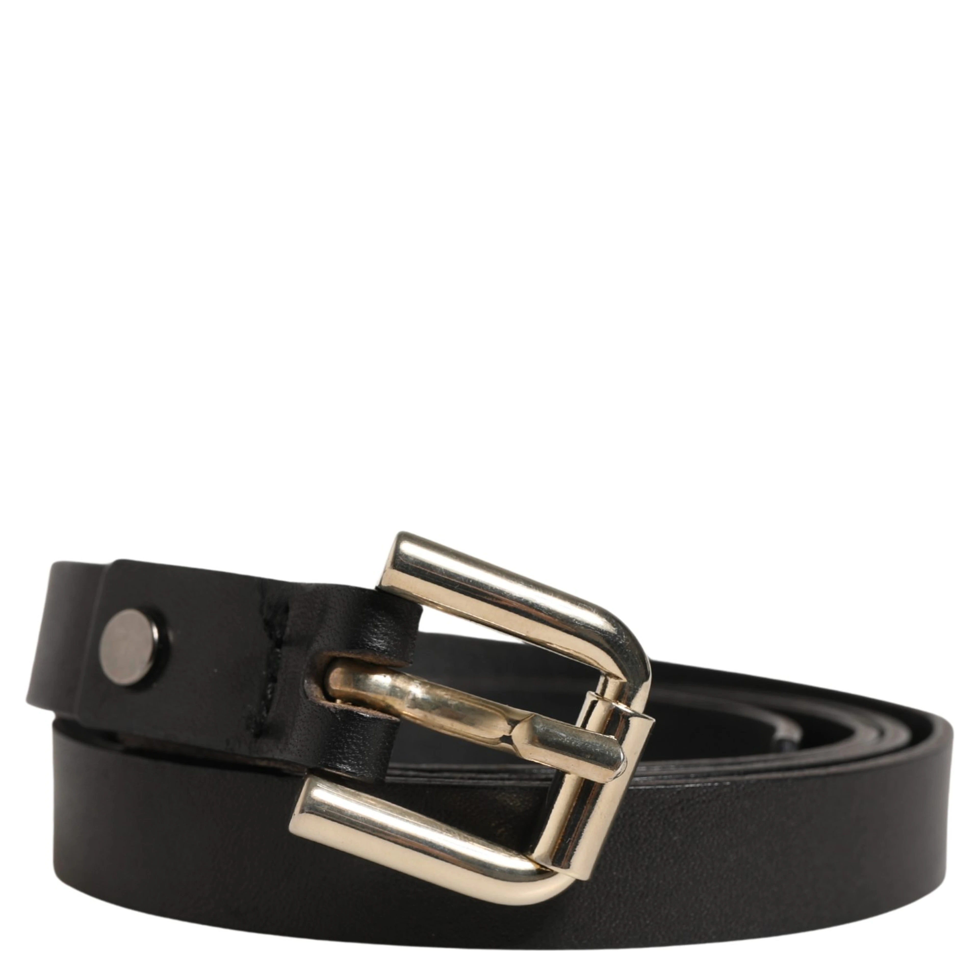 Black Leather Slim Gold Tone Buckle Waist Men Belt
