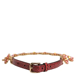 Red Leather Daisy Crystal Embellished Waist Belt