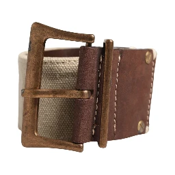 Beige Brown Leather Canvas Metal Buckle Belt