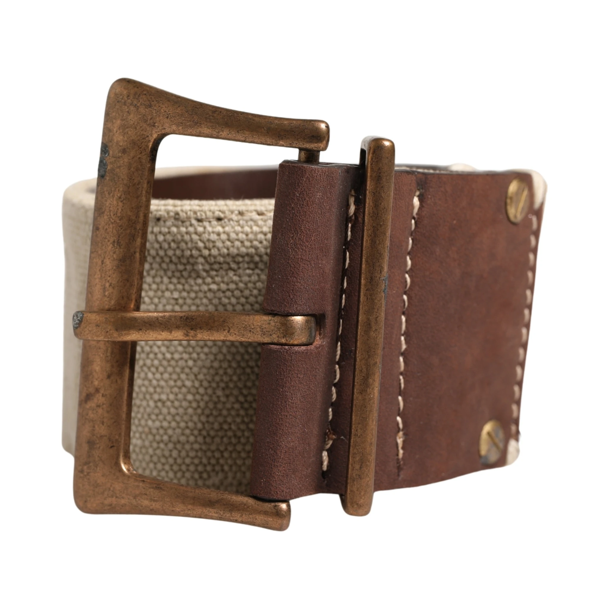 Beige Brown Leather Canvas Metal Buckle Belt