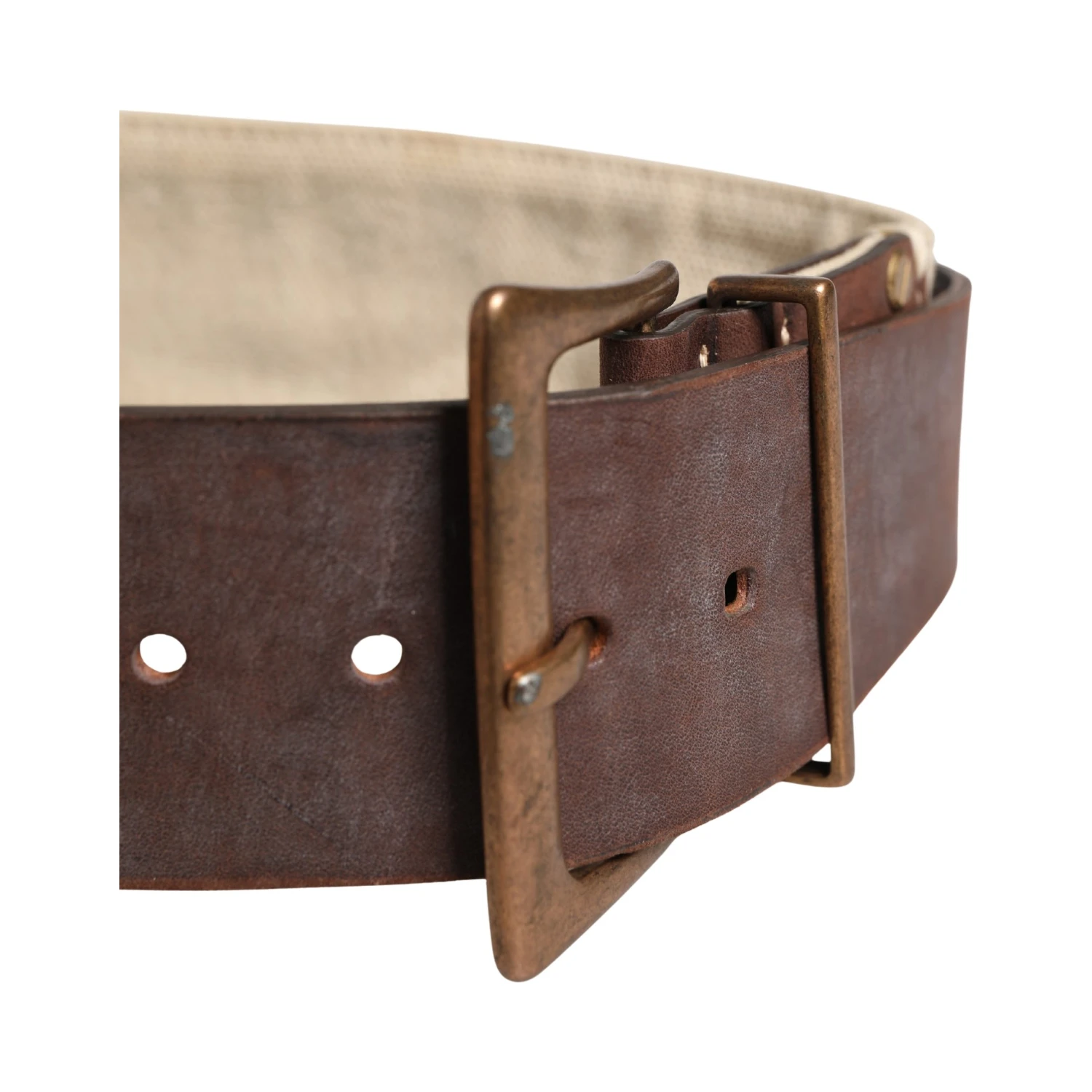 Beige Brown Leather Canvas Metal Buckle Belt