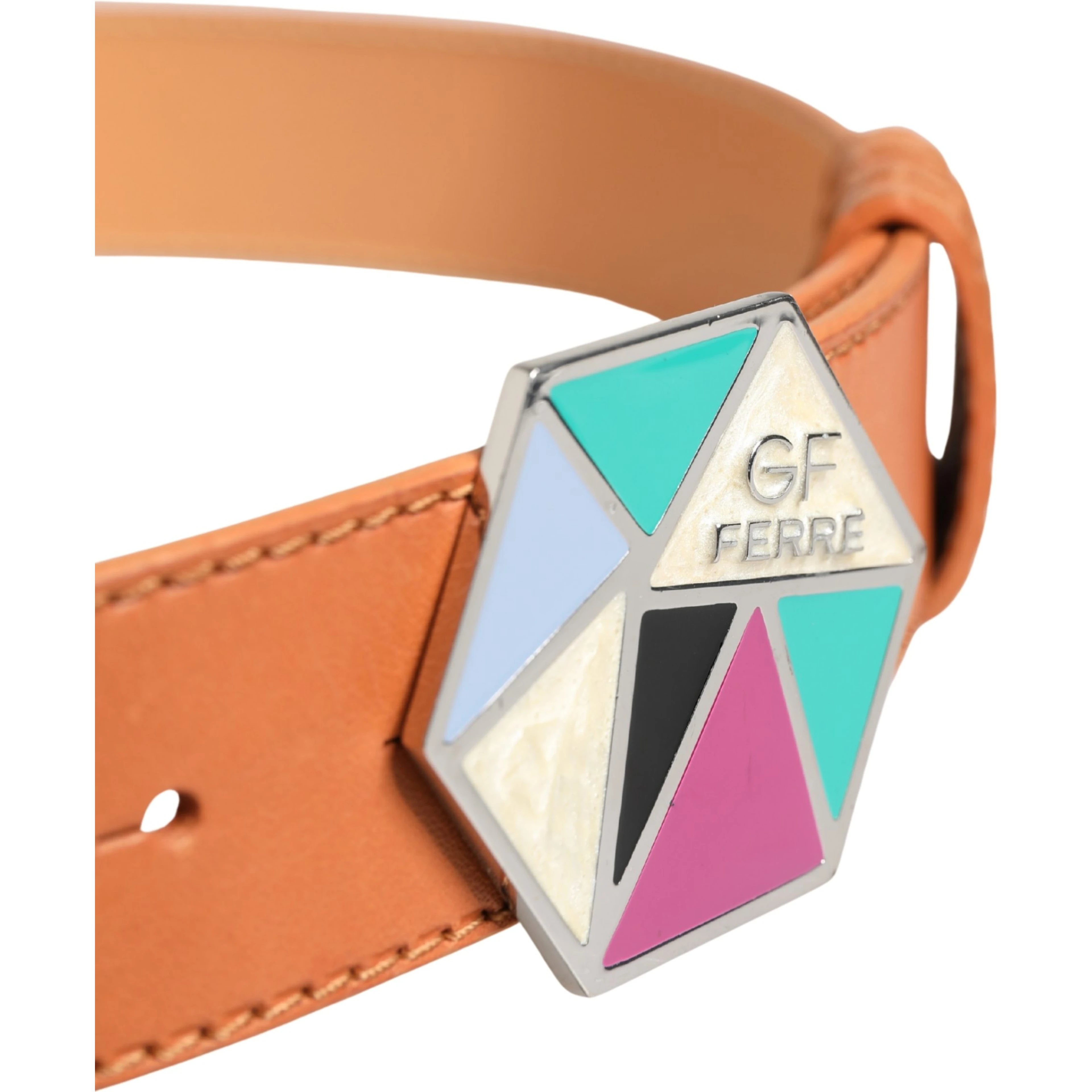 Orange Leather Hexagon Metal Buckle Waist Women Belt
