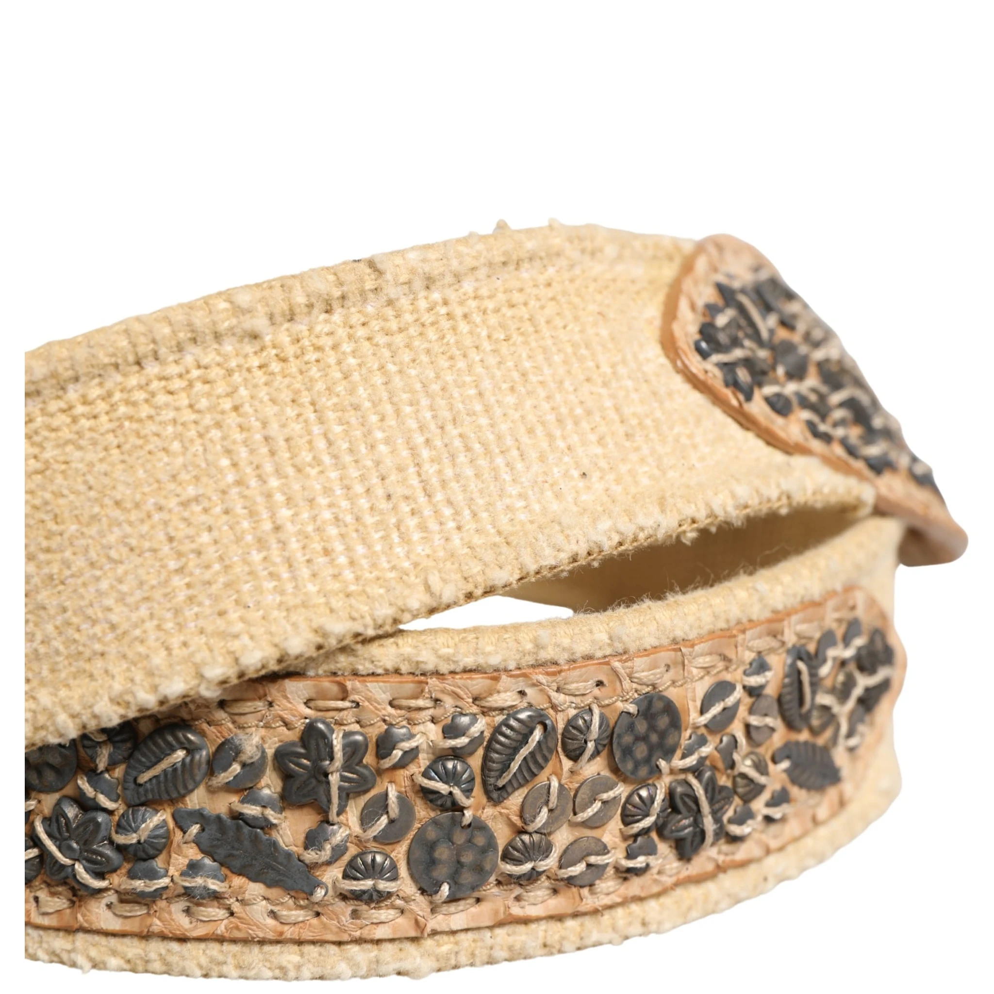 Beige Canvas Embellished Metal Buckle Belt