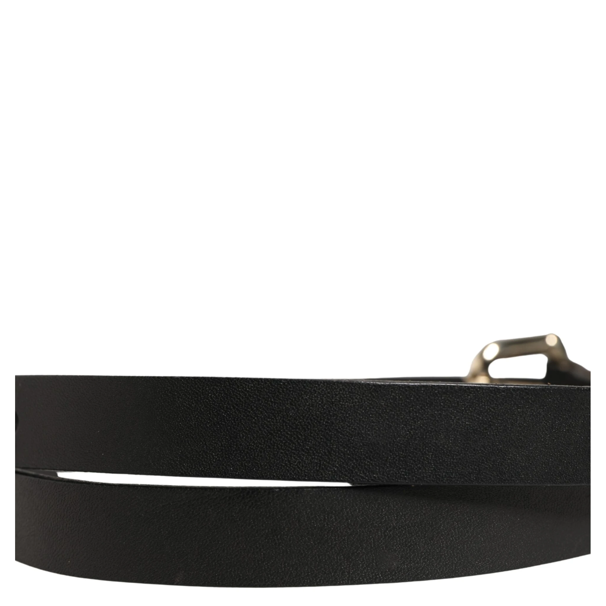 Black Leather Slim Gold Tone Buckle Waist Men Belt