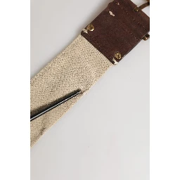 Beige Brown Leather Canvas Metal Buckle Belt