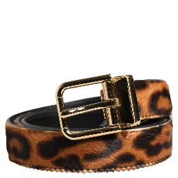 Brown Calf Fur Leopard Metal Buckle Belt
