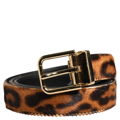 Brown Calf Fur Leopard Metal Buckle Belt