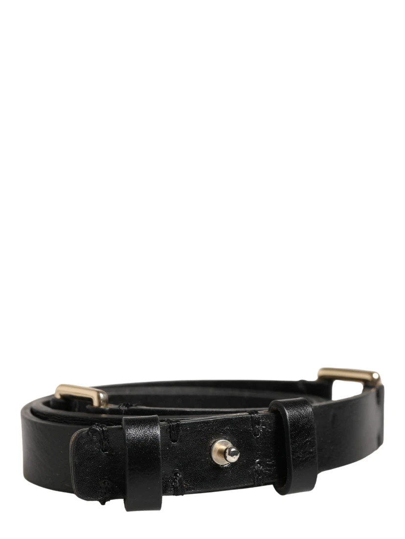 Black Leather Thin Gold Metal Brass Buckle Waist Belt