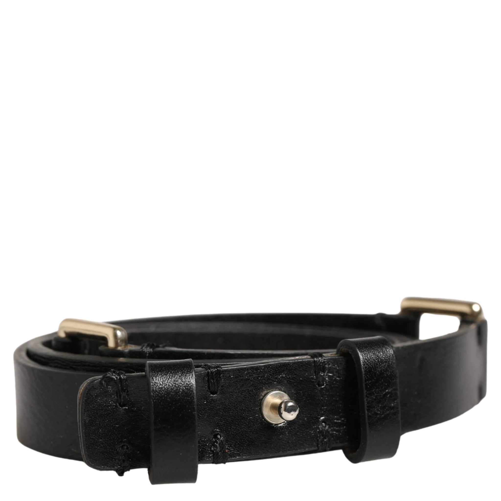 Black Leather Thin Gold Metal Brass Buckle Waist Belt