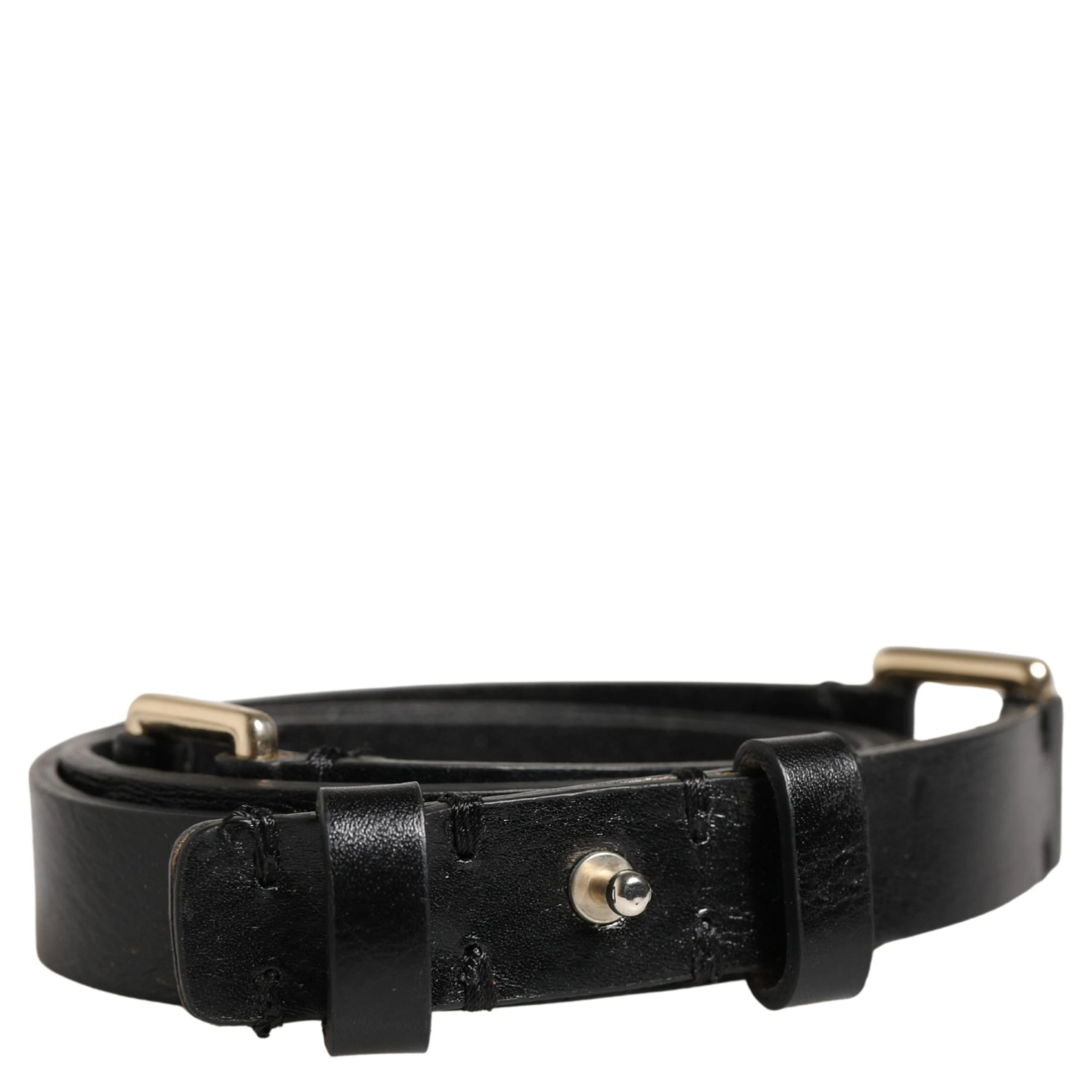 Black Leather Thin Gold Metal Brass Buckle Waist Belt