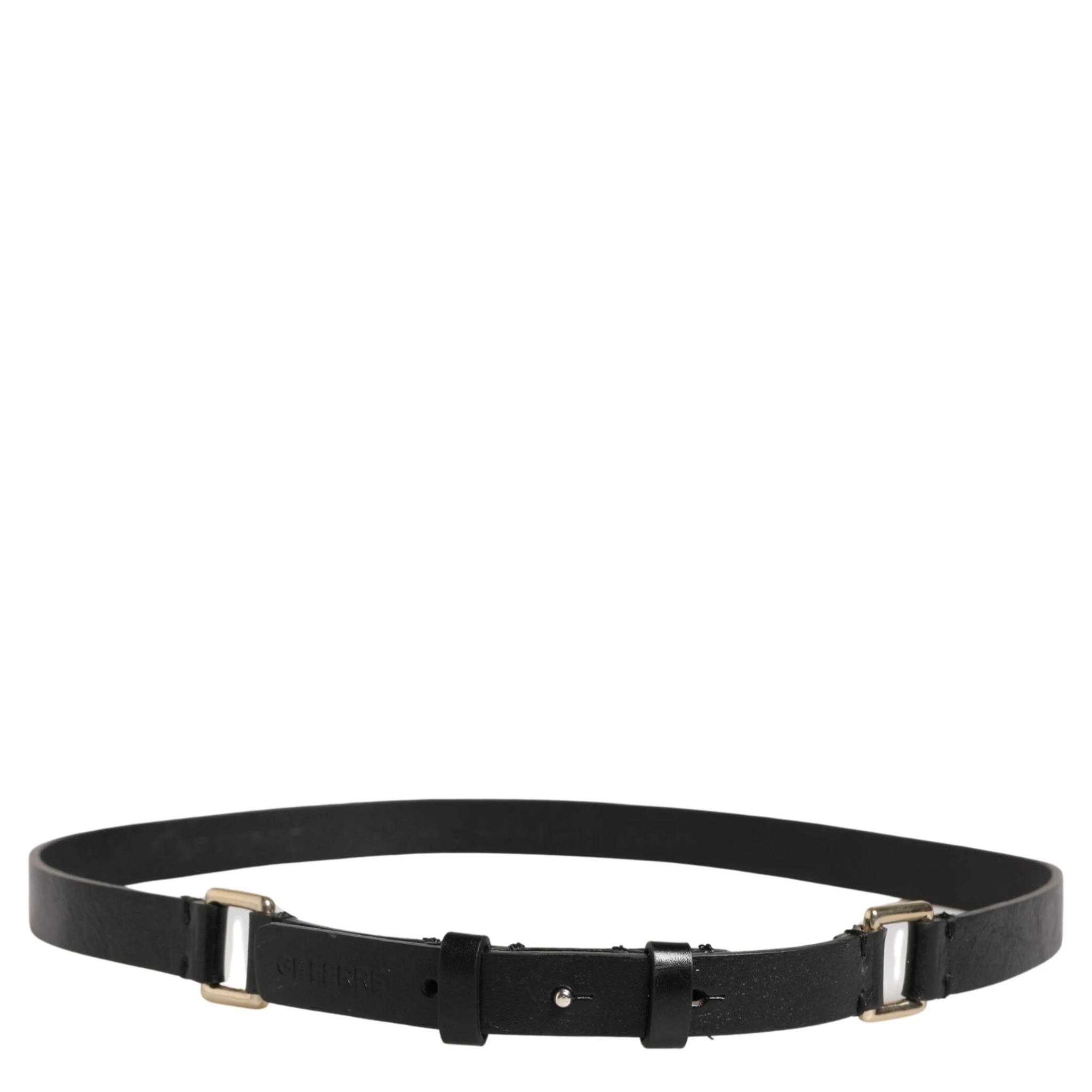 Black Leather Thin Gold Metal Brass Buckle Waist Belt