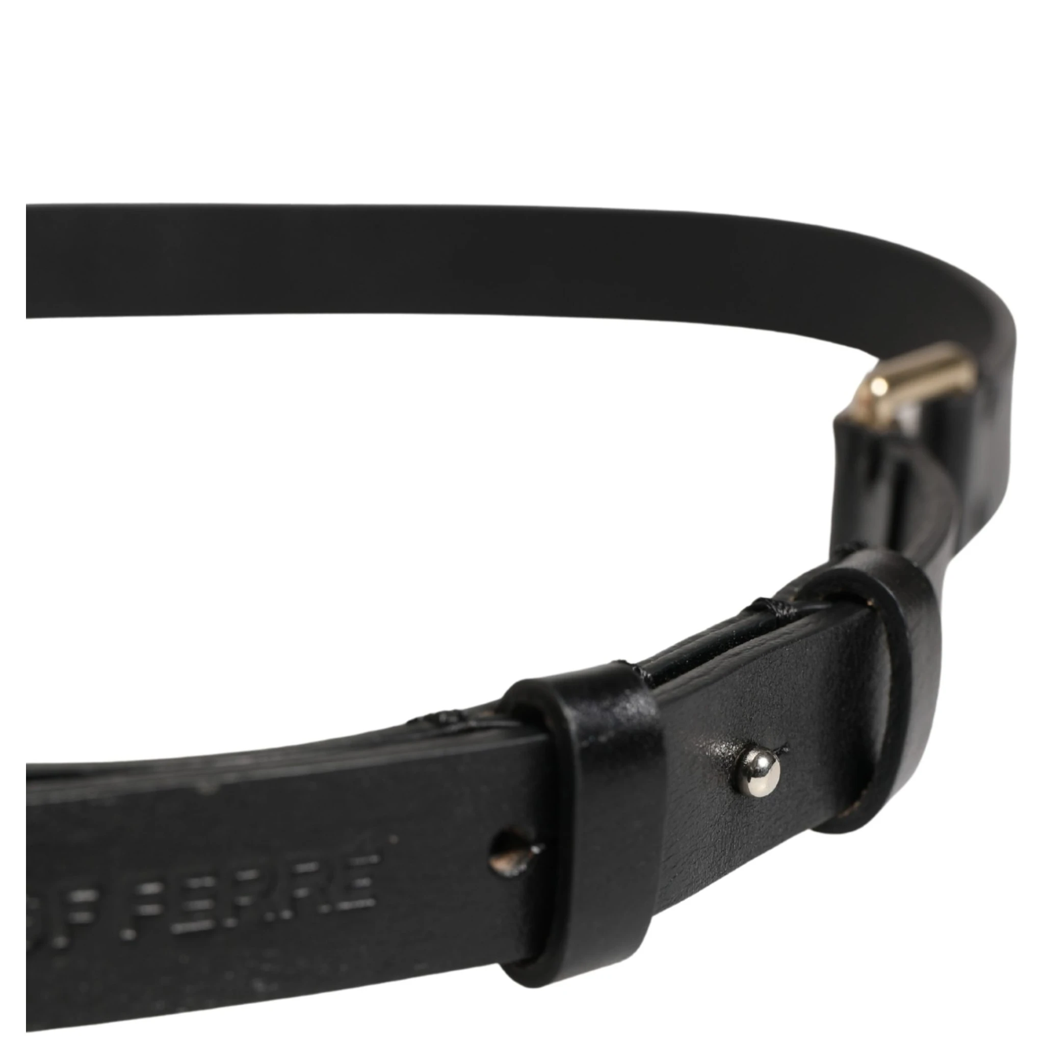 Black Leather Thin Gold Metal Brass Buckle Waist Belt