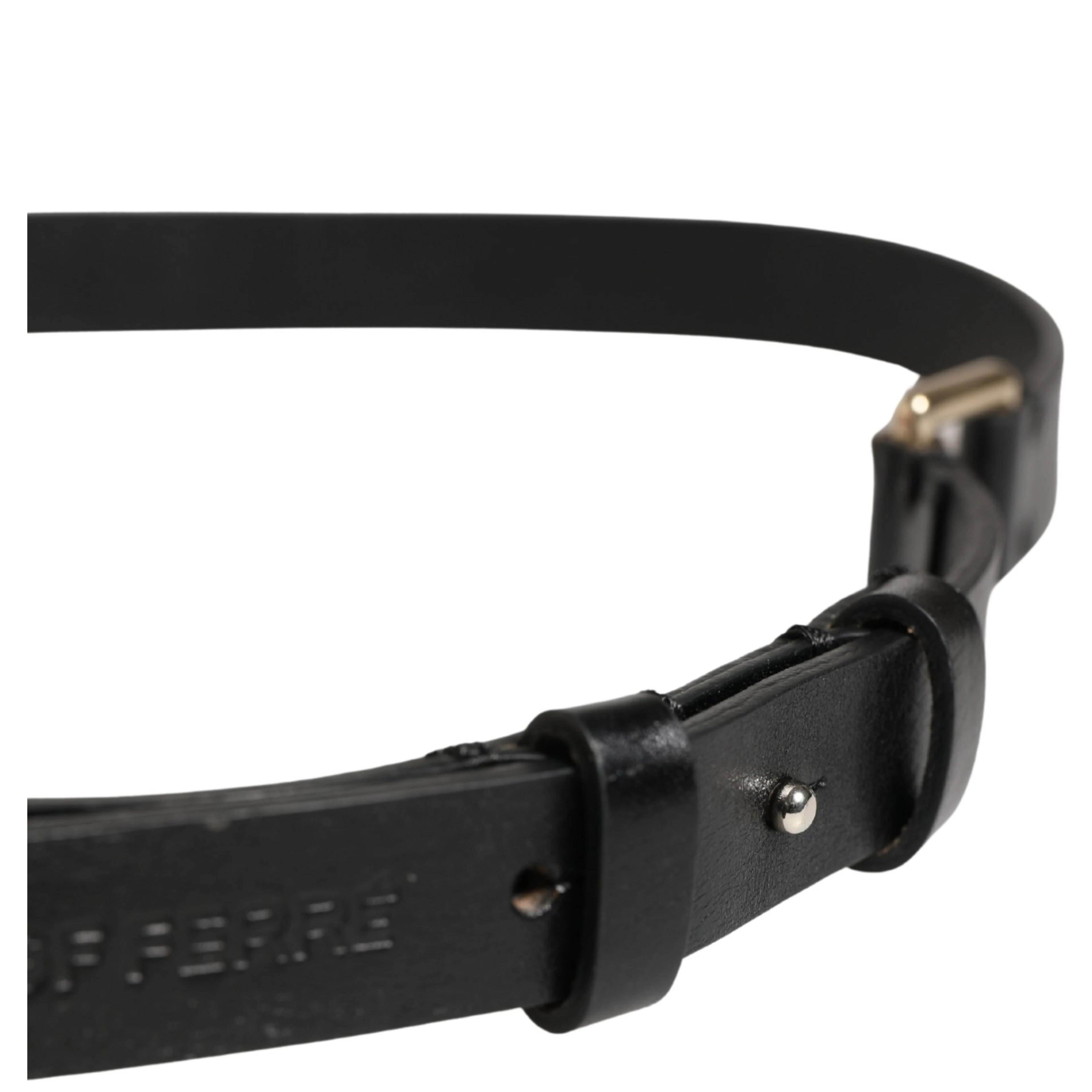 Black Leather Thin Gold Metal Brass Buckle Waist Belt