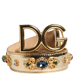 Gold Leather Crystals Logo Metal Buckle Belt