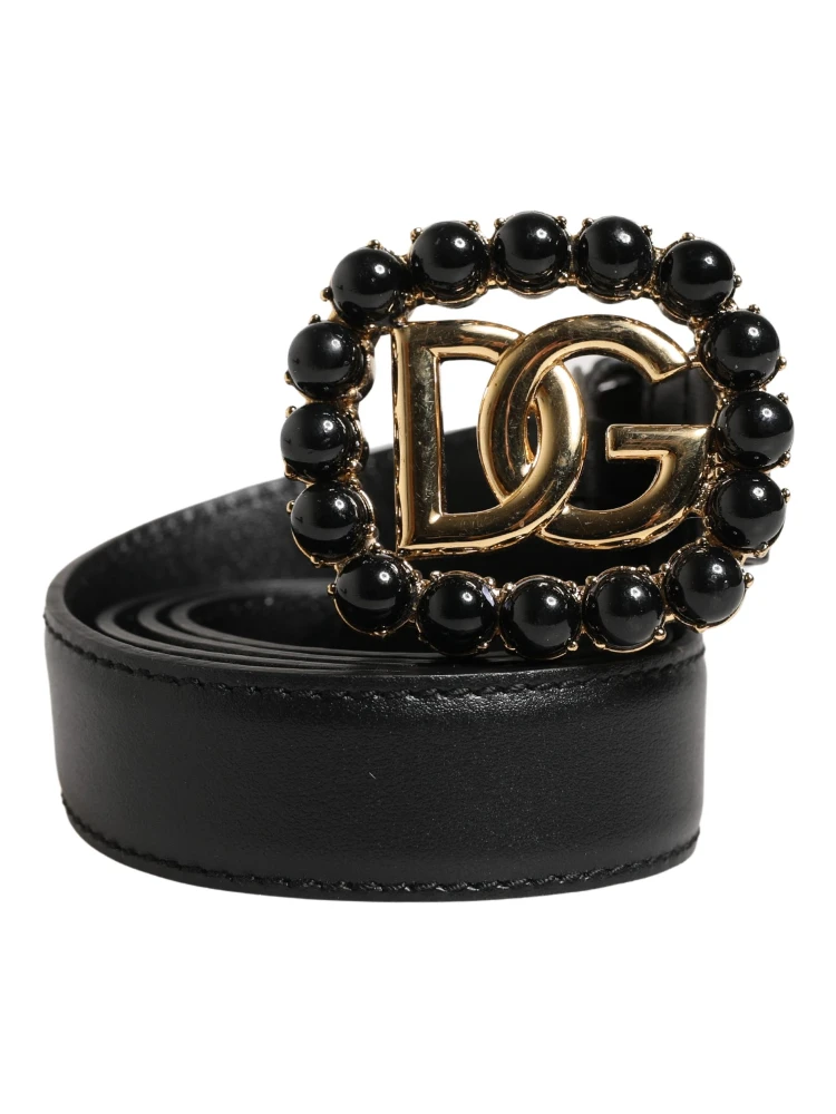 Black Leather DG Logo Embellished Buckle Belt