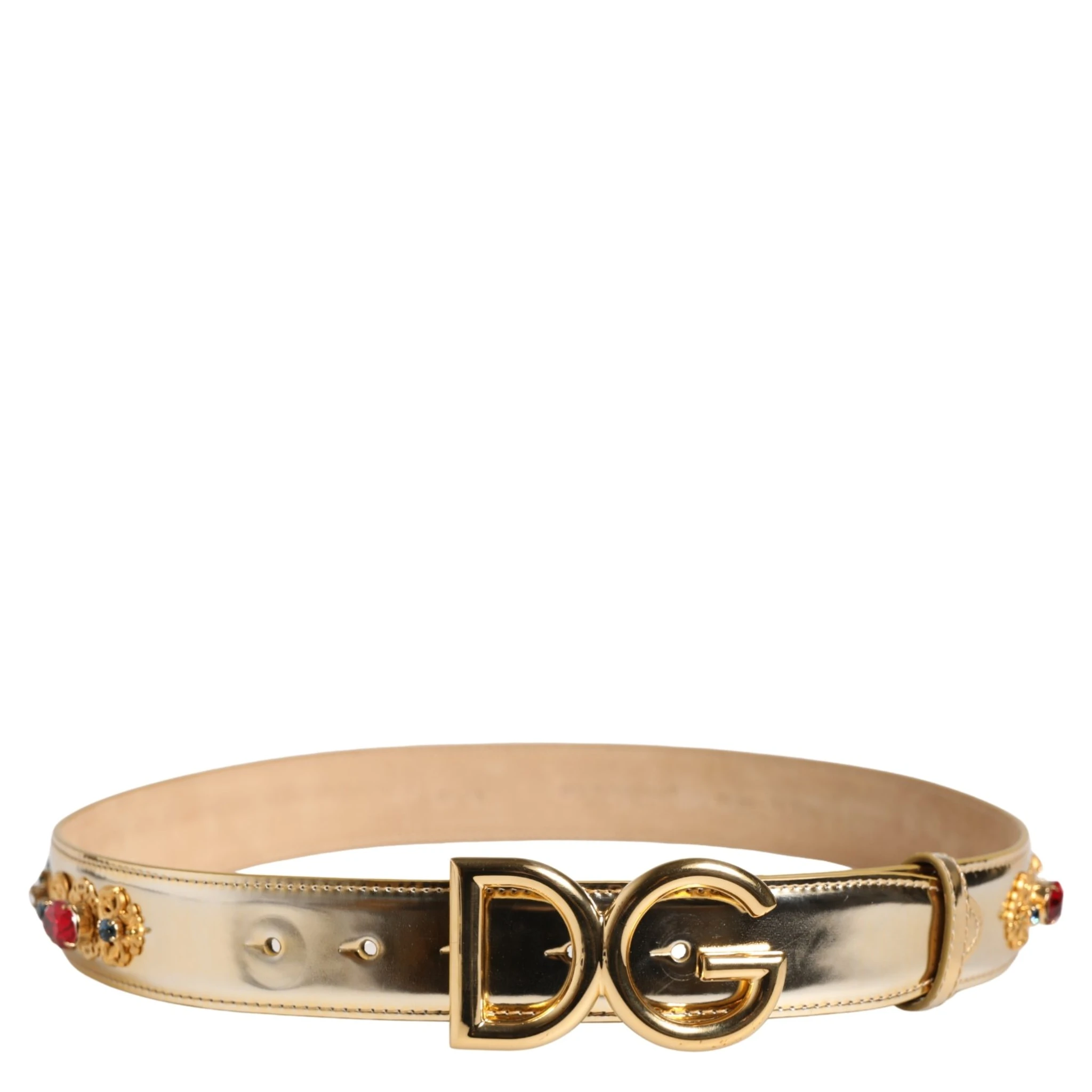 Gold Leather Crystals Logo Metal Buckle Belt