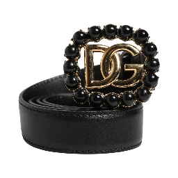 Black Leather DG Logo Embellished Buckle Belt