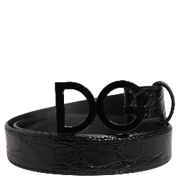 Men Black Exotic Leather Logo Buckle Belt