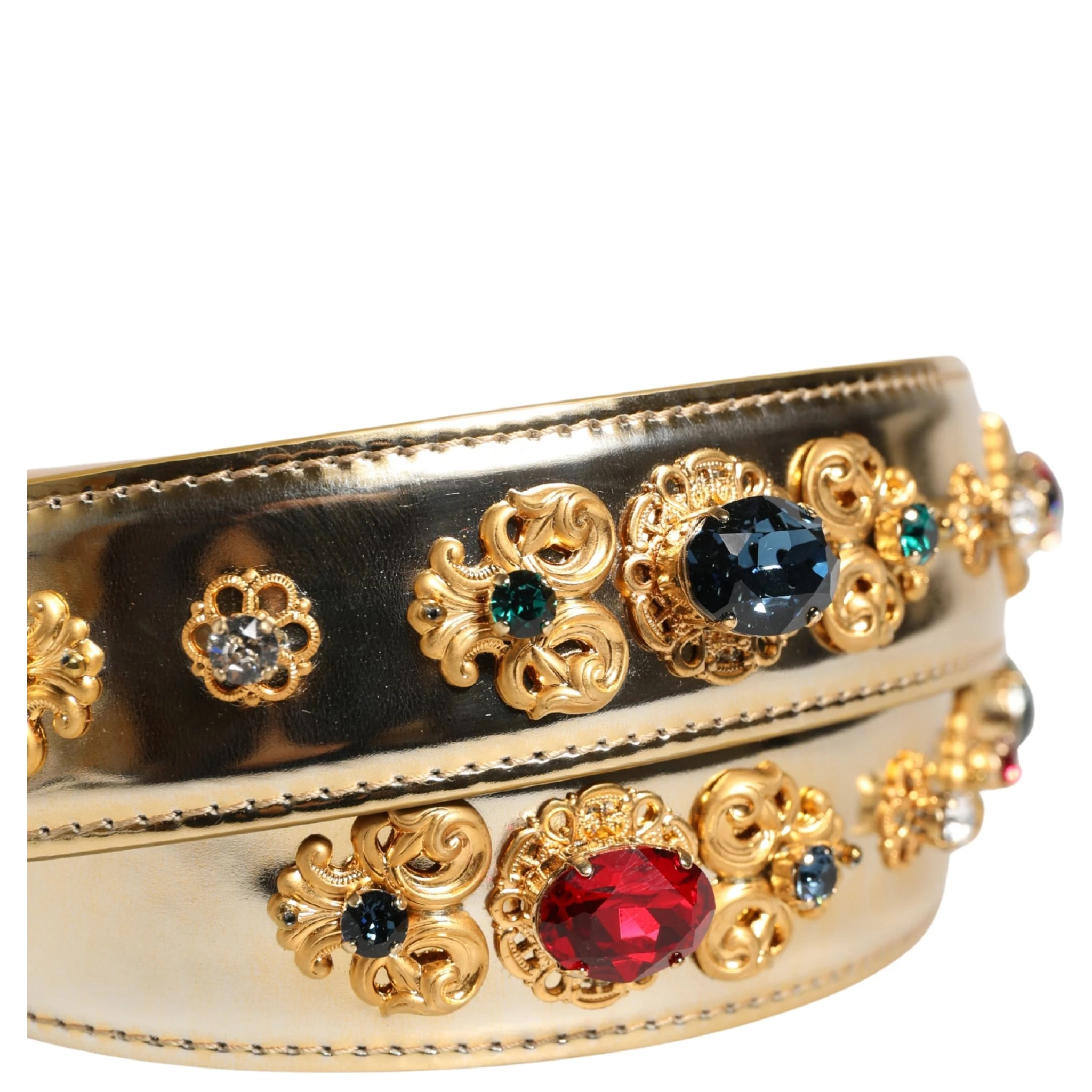 Gold Leather Crystals Logo Metal Buckle Belt