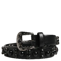 Men Black Calf Embellished Metal Buckle Belt