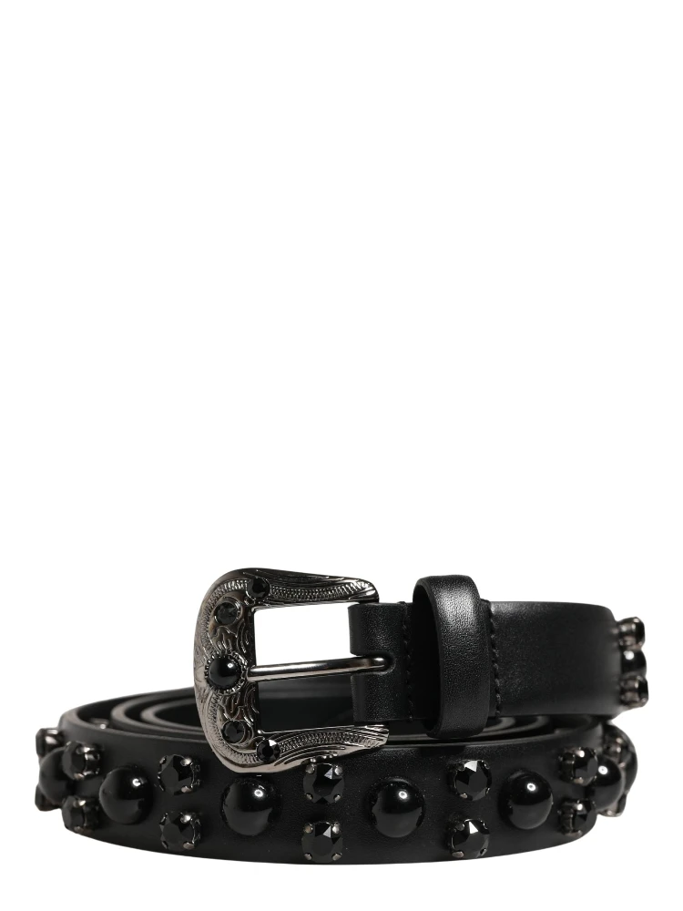 Men Black Calf Embellished Metal Buckle Belt