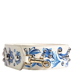 White Blue Floral Leather Stud Accessory Shoulder Strap