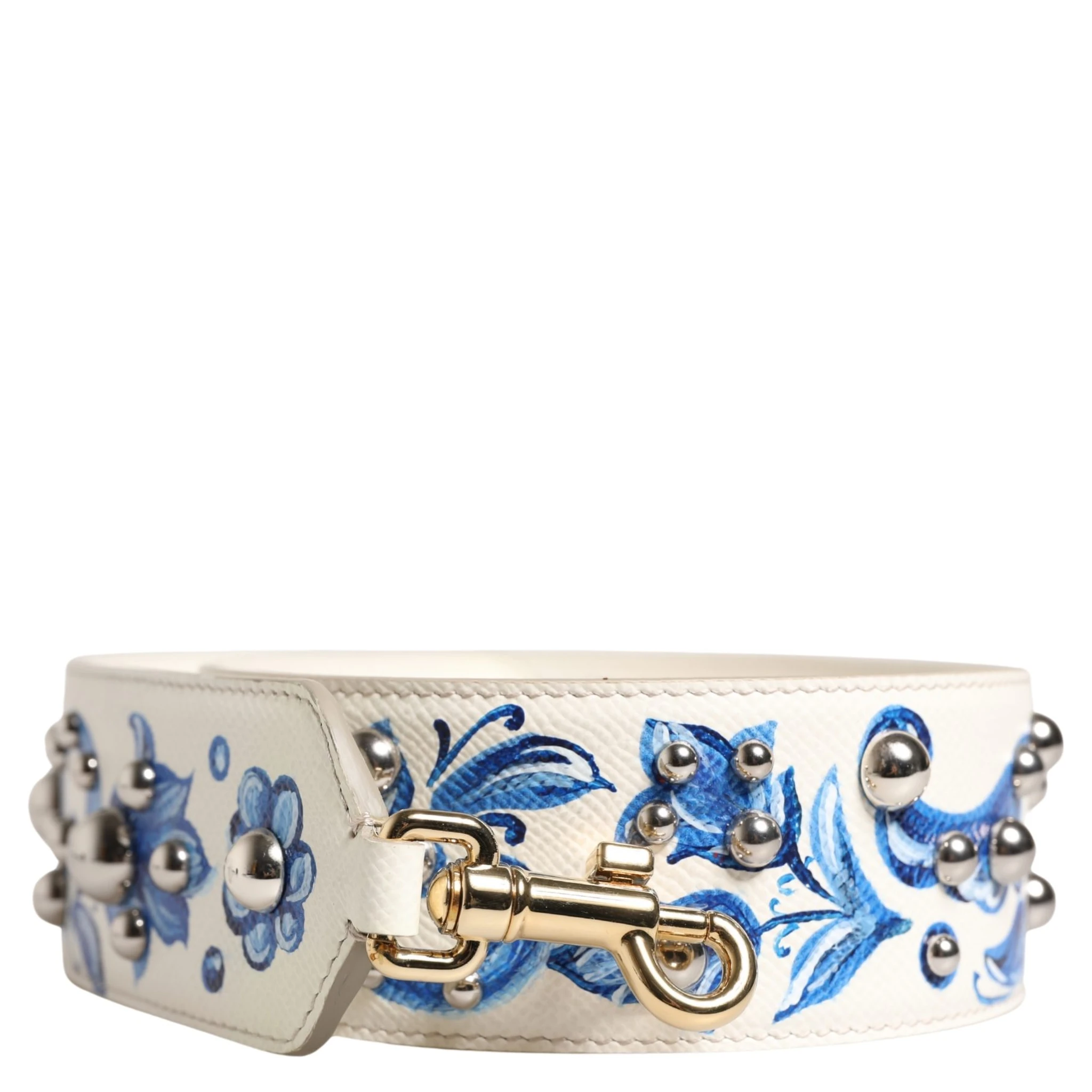 White Blue Floral Leather Stud Accessory Shoulder Strap