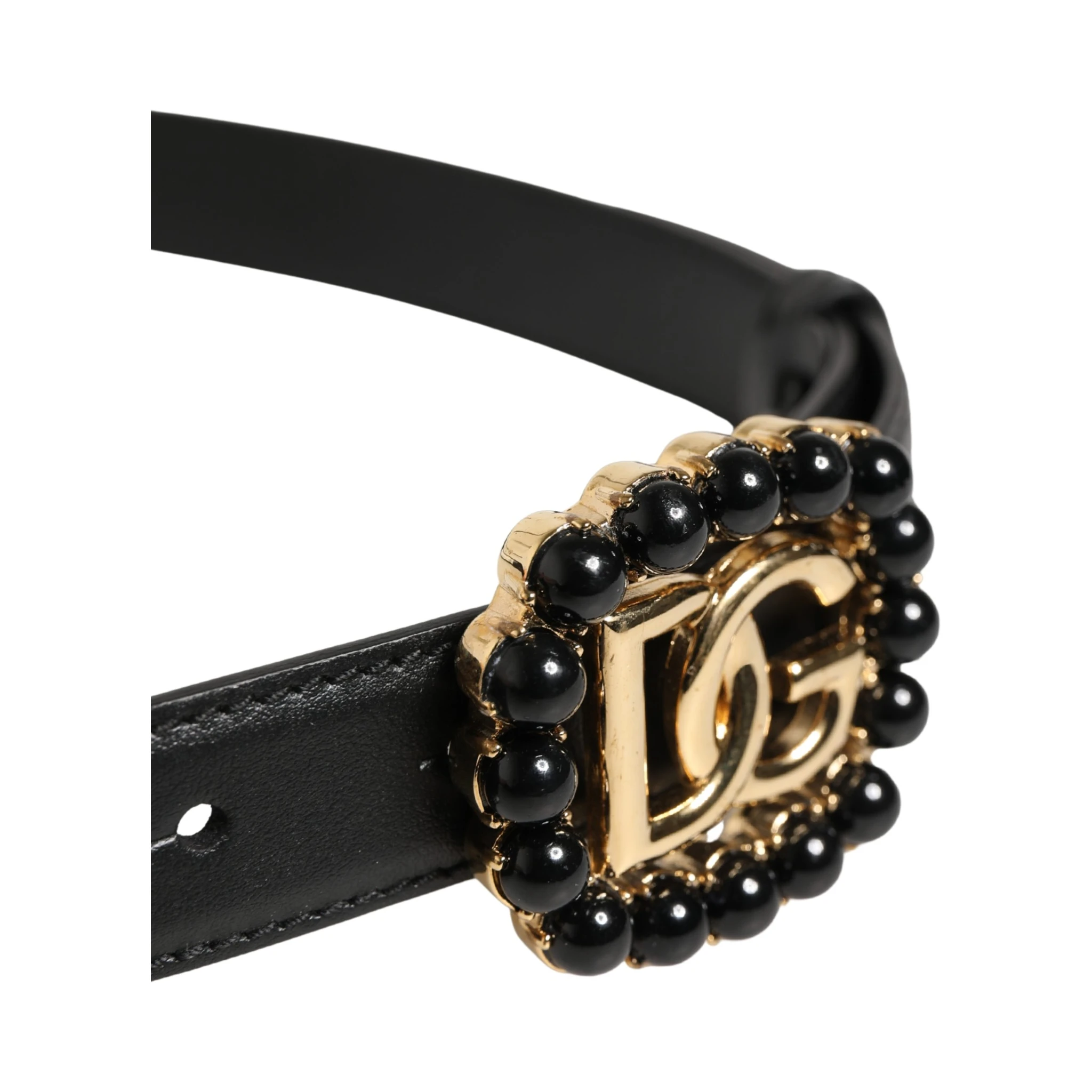Black Leather DG Logo Embellished Buckle Belt
