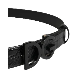 Men Black Exotic Leather Logo Buckle Belt