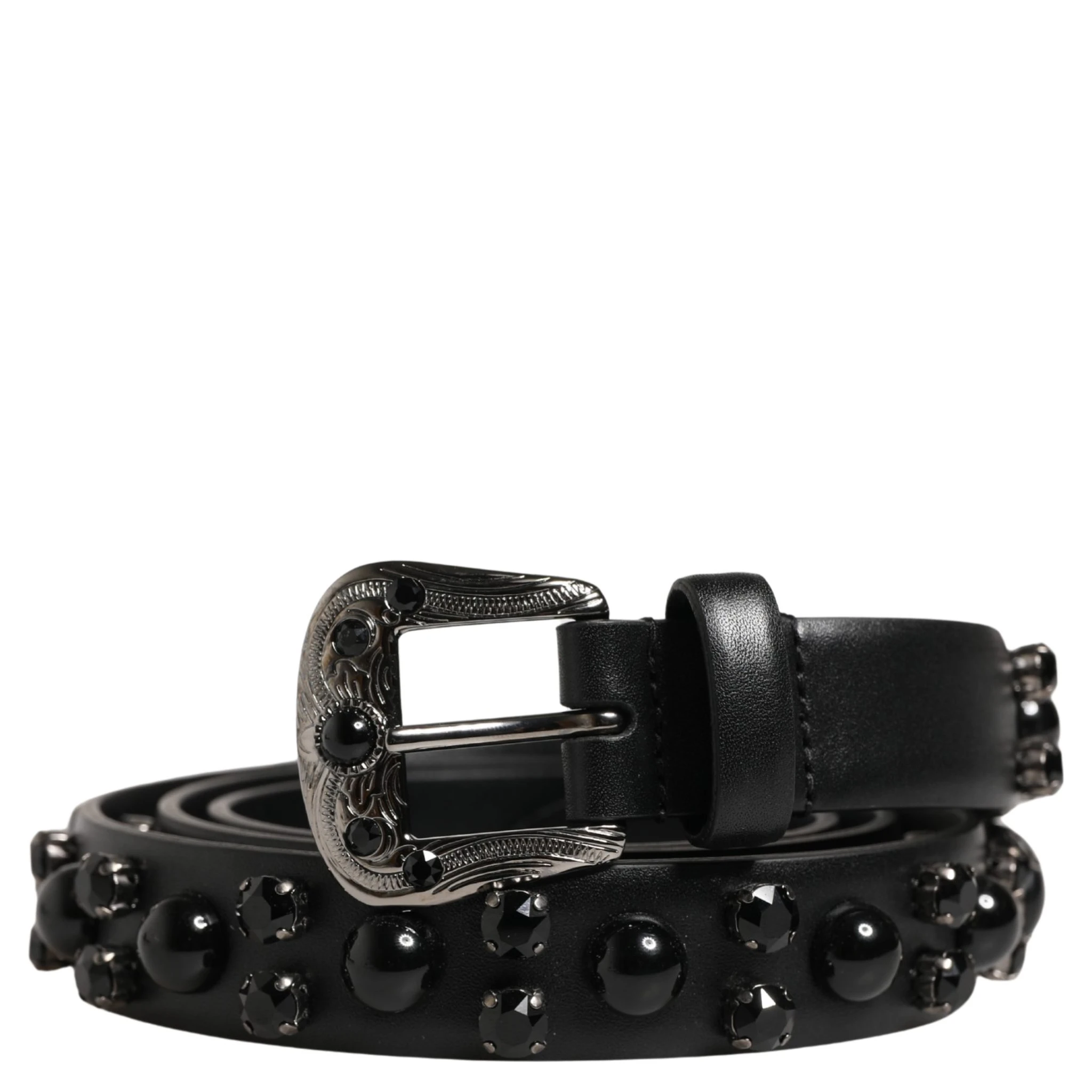 Men Black Calf Embellished Metal Buckle Belt