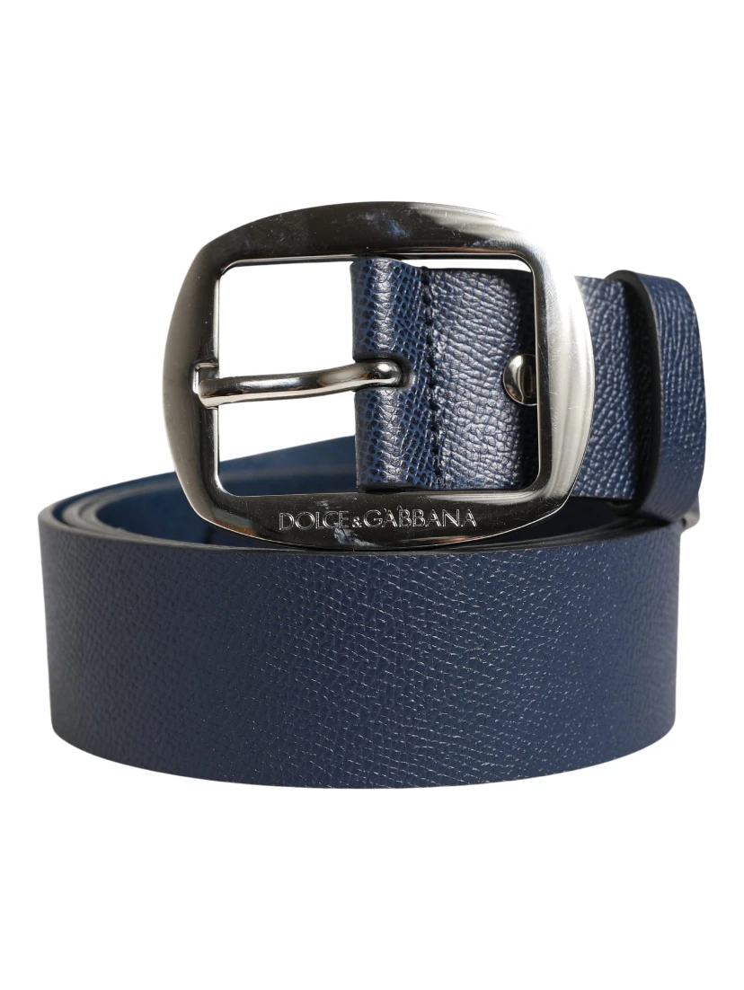 Men Blue Classic Leather Metal Buckle Belt