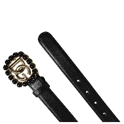 Black Leather DG Logo Embellished Buckle Belt