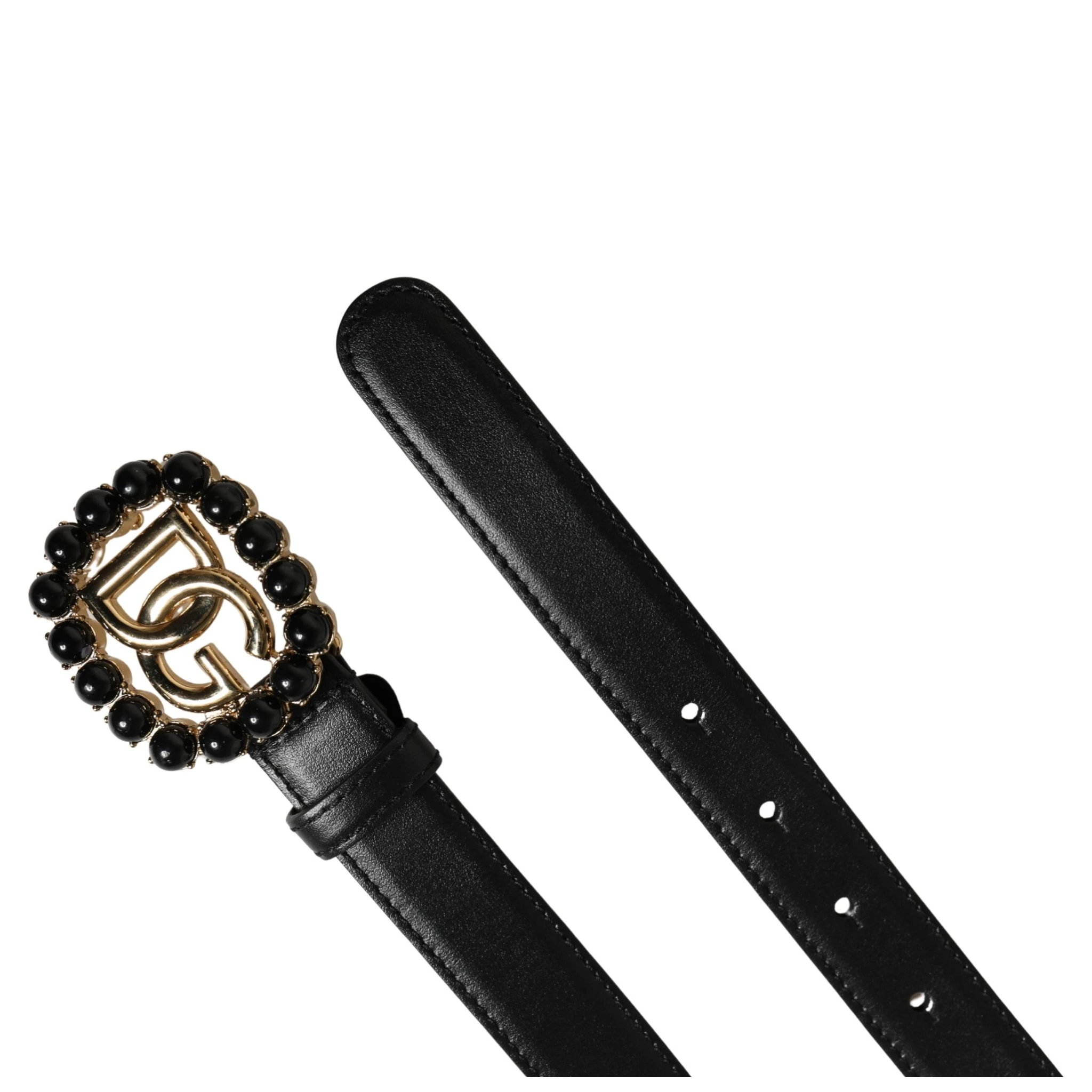 Black Leather DG Logo Embellished Buckle Belt