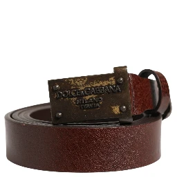 Men Brown Classic Leather Logo Buckle Belt