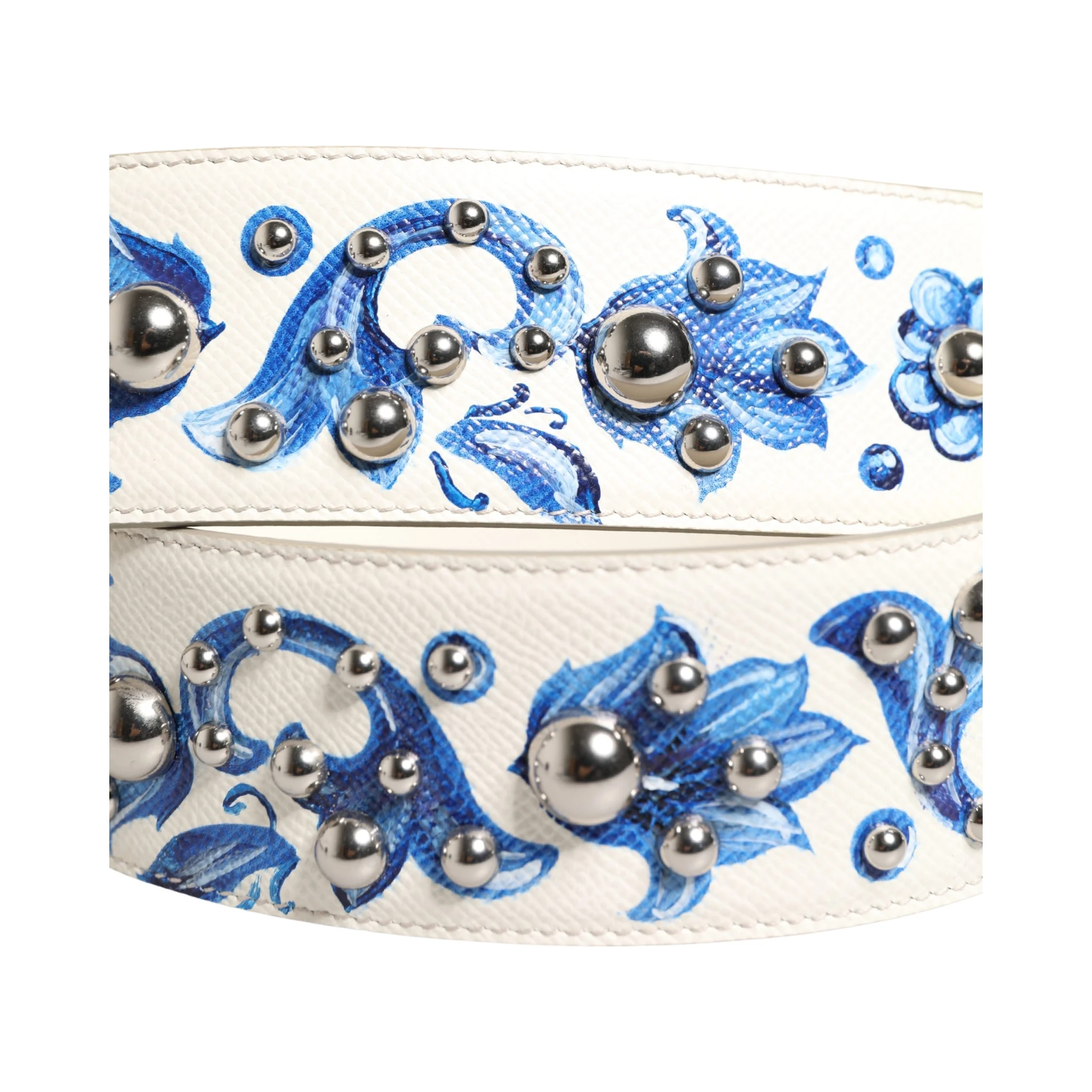 White Blue Floral Leather Stud Accessory Shoulder Strap