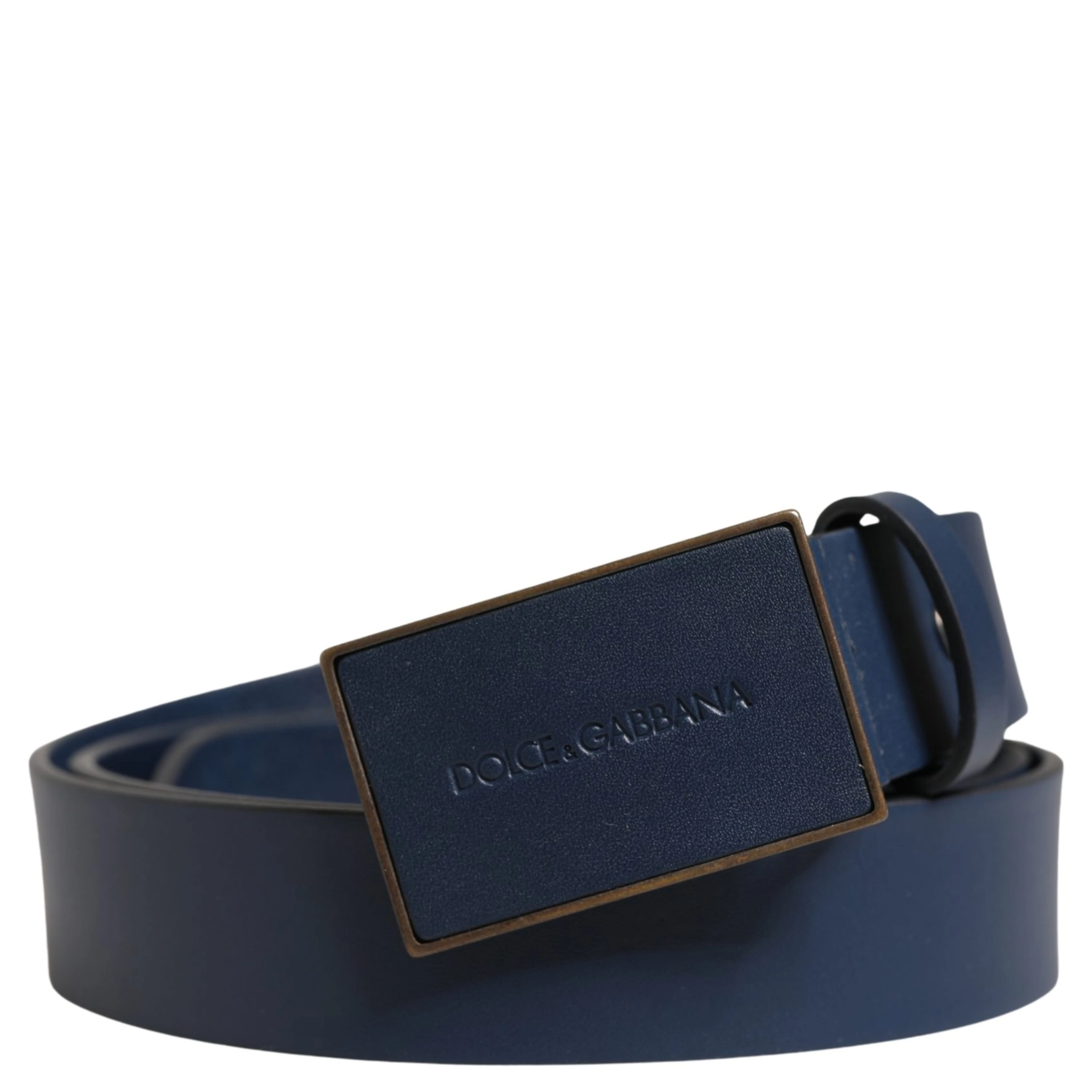 Men Blue Calf Leather Logo Metal Buckle Belt