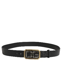 Men Black Leather DG Logo Metal Buckle Belt