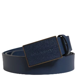 Men Blue Calf Leather Logo Metal Buckle Belt