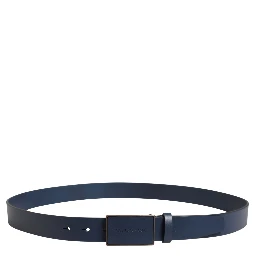 Men Blue Calf Leather Logo Metal Buckle Belt