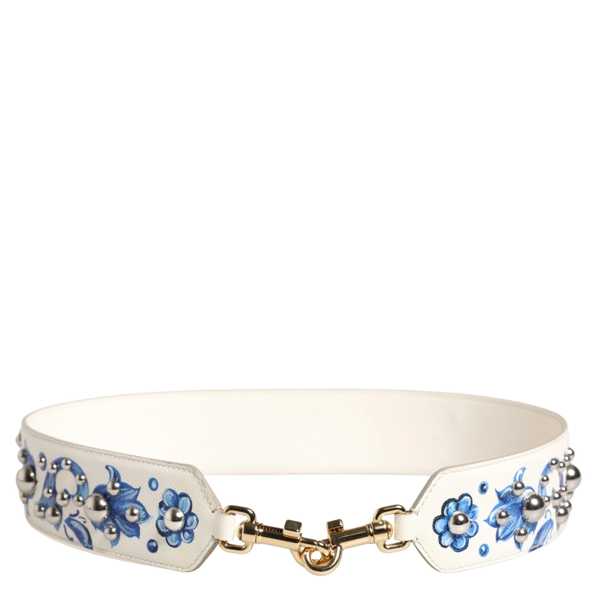 White Blue Floral Leather Stud Accessory Shoulder Strap