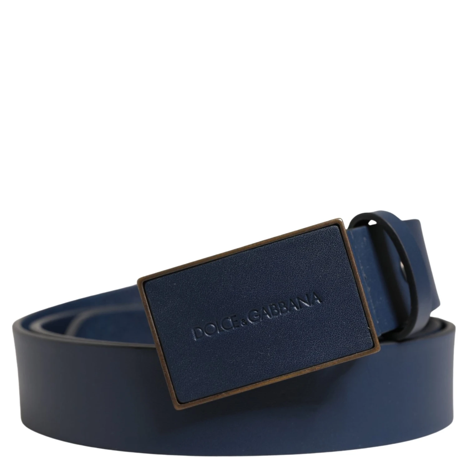 Men Blue Calf Leather Logo Metal Buckle Belt