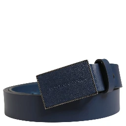 Blue Calfskin Leather Logo Metal Buckle Belt