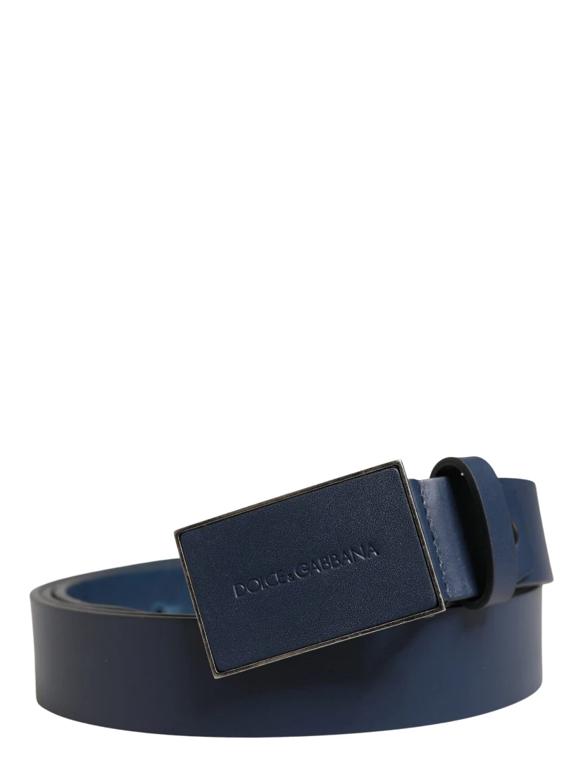 Men Blue Calf Leather Logo Metal Buckle Belt