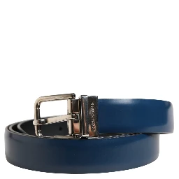 Men Blue Classic Leather Metal Buckle Belt