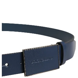 Men Blue Calf Leather Logo Metal Buckle Belt