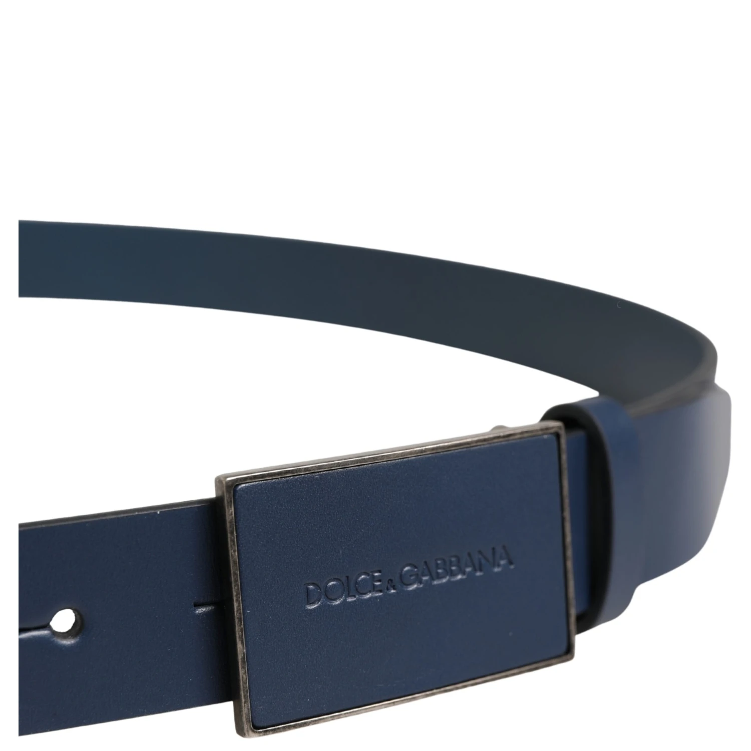 Men Blue Calf Leather Logo Metal Buckle Belt