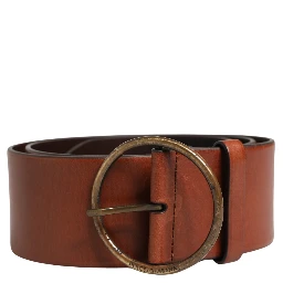 Men Brown Leather Wide Waist Metal Round Buckle Belt