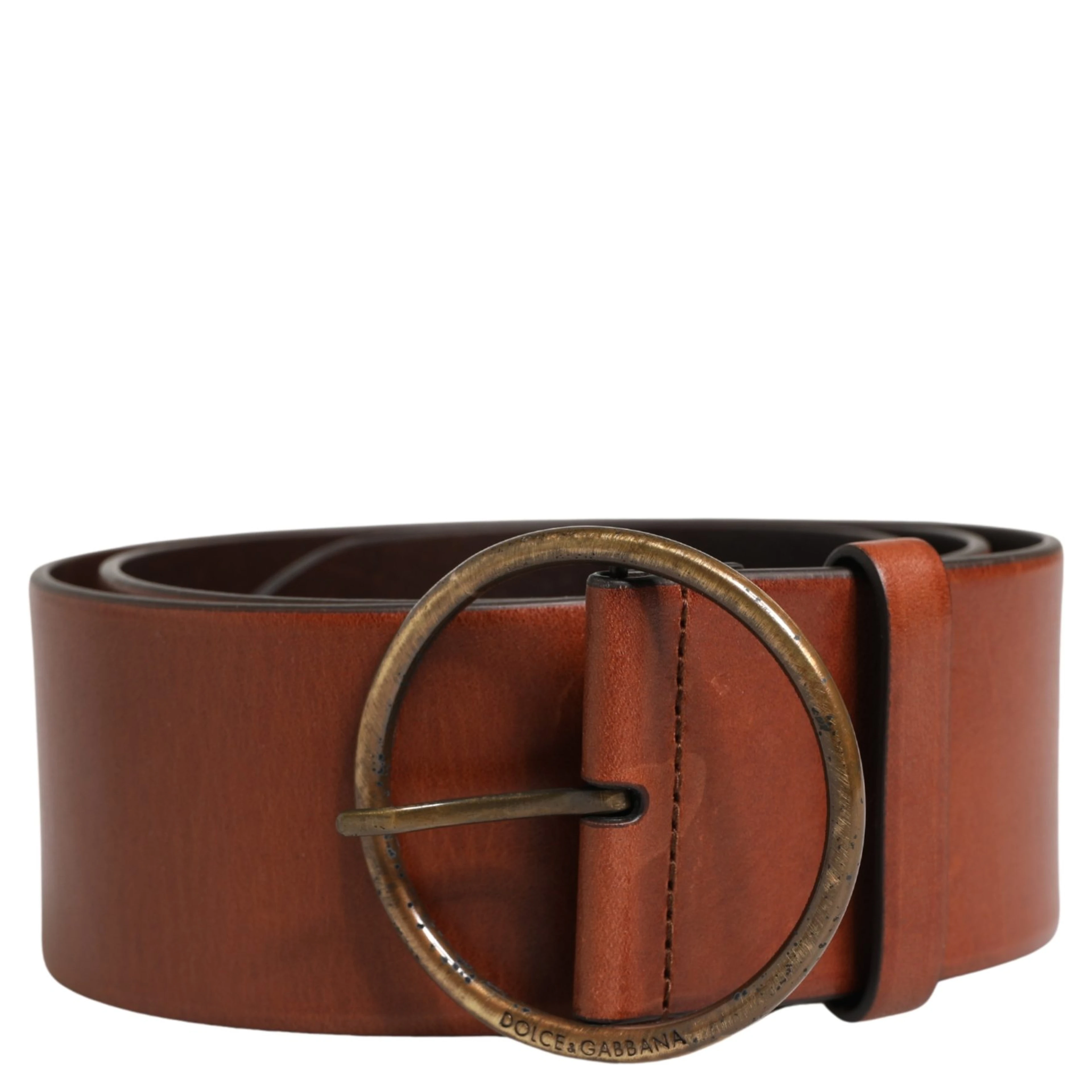 Men Brown Leather Wide Waist Metal Round Buckle Belt