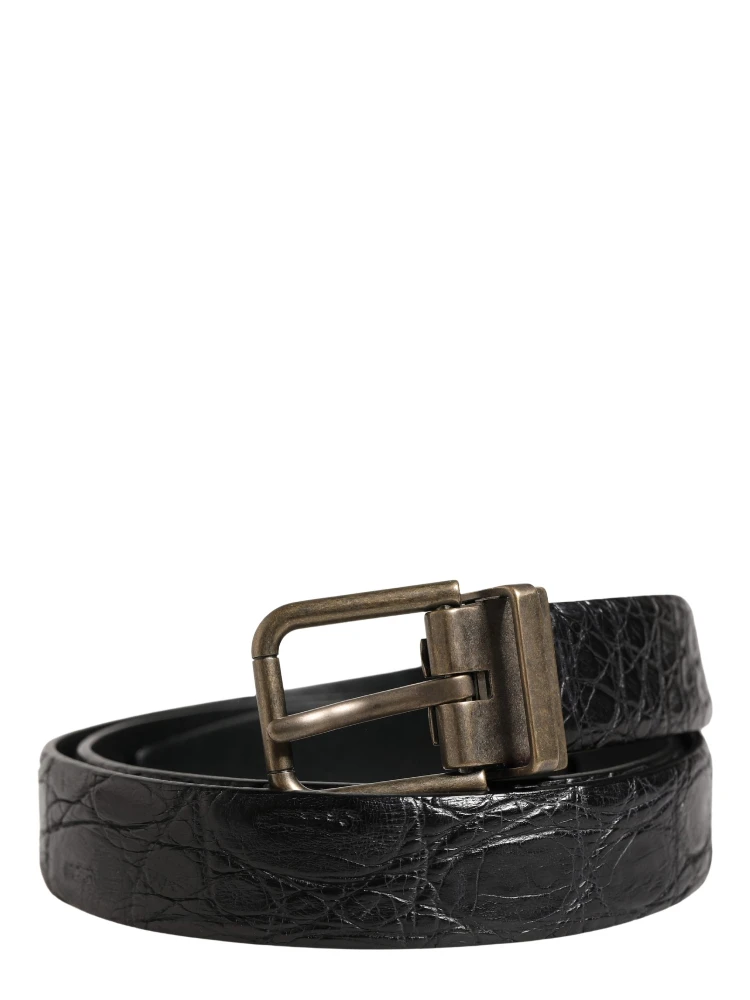 Men Black Exotic Leather Metal Buckle Belt